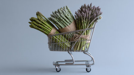 A vibrant arrangement of fresh asparagus bundles placed in a shopping cart against a soft blue backdrop. Ideal for themes of healthy eating and culinary creativity.の素材