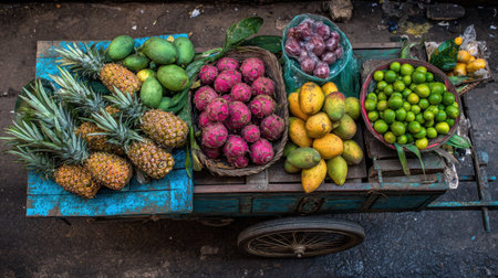 A lively fruit cart filled with a variety of fresh tropical fruits showcases the rich colors and textures of local produce in a bustling market environment.の素材