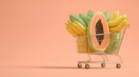 A visually appealing shopping cart overflowing with fresh papaya and bananas showcases the beauty of healthy fruits against a warm coral background, promoting a vibrant lifestyle.の素材