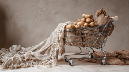 A shopping cart filled with freshly harvested potatoes set against a minimalist backdrop, highlighting natural elements and promoting sustainable grocery shopping themes.の素材