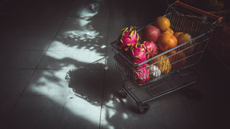 A vibrant shopping cart filled with an array of colorful fresh fruits, including dragon fruit and mango, casting intriguing shadows on the modern tiled floor.の素材