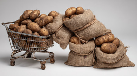 A charming arrangement of freshly harvested potatoes in burlap sacks and a shopping cart, creating a rustic and earthy atmosphere perfect for food-related themes or projects.の素材