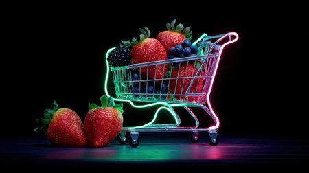 An artistic arrangement of vibrant strawberries and various berries in a neon-lit shopping cart, set against a dark background, symbolizing freshness and health in a modern lifestyle.の素材