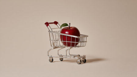 Small shopping cart features a vibrant red apple, symbolizing fresh produce. This image is perfect for promoting healthy lifestyles, nutrition, and grocery shopping themes.の素材