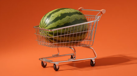 A vibrant watermelon sits in a minimalistic shopping cart against a bold orange background, representing freshness, summer fun, and a healthy lifestyle choice perfect for grocery shopping.の素材