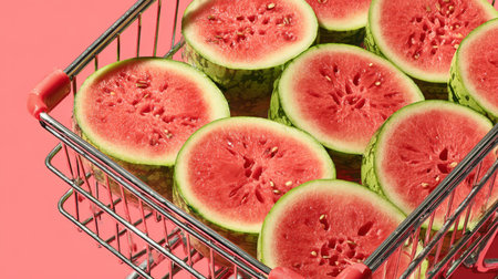 Bright and fresh watermelon slices arranged in a metal basket give a vibrant summer feel, perfect for showcasing healthy eating and seasonal treats in a colorful setting.の素材