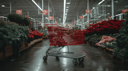 A vibrant supermarket scene featuring a red shopping cart positioned among an array of fresh produce in an illuminated aisle, capturing the essence of a modern shopping experience.の素材