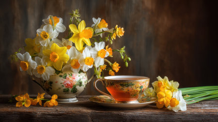 This enchanting still life image showcases a vibrant arrangement of daffodils alongside an elegant tea set, embodying spring's beauty and warmth with rustic charm.の素材