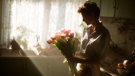 A woman stands in a beautifully lit kitchen, holding a vibrant bouquet of tulips, capturing a moment of tranquility and warmth in her cozy home environment.の素材