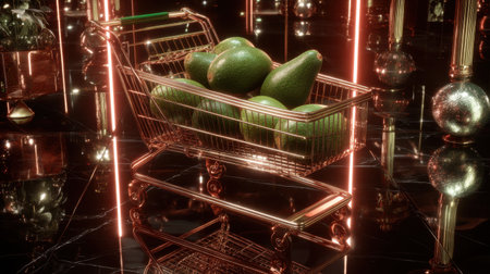 A striking visual of a vintage shopping cart filled with fresh avocados, set against a backdrop of neon lights and reflective surfaces for a modern aesthetic.の素材