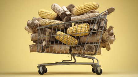 A creatively arranged shopping cart filled with yellow corn and wooden logs, set against a bright yellow backdrop, showcasing the vibrancy of seasonal harvest and rustic charm.の素材