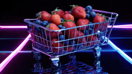 A vibrant shopping cart filled with fresh strawberries and blueberries, set against a neon background. Perfect for showcasing healthy eating and colorful fruit arrangements.の素材