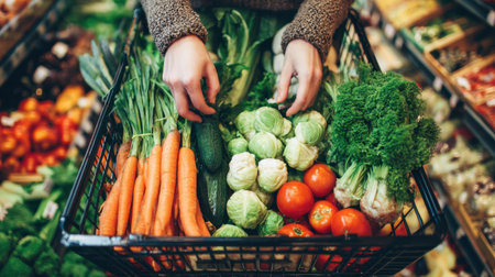 A shopper selects colorful, fresh vegetables from a basket, highlighting the importance of healthy eating and the joy of choosing organic produce at a local market.の素材