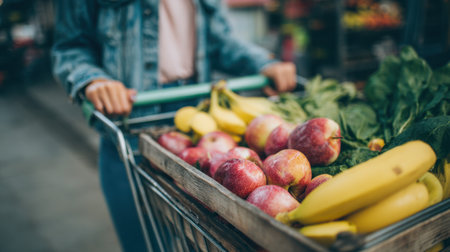 A vibrant shopping cart filled with fresh fruit and vegetables rests in an outdoor market. This scene captures the essence of healthy eating and local shopping experiences.の素材