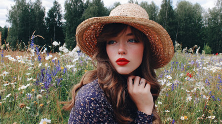 A stylish young woman with a straw hat and vibrant red lips poses in a picturesque wildflower field, capturing the essence of beauty and nature on a bright day.の素材