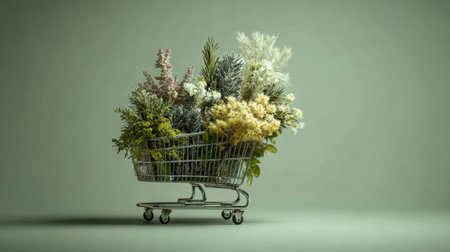 This image showcases a shopping cart overflowing with vibrant greenery and delicate flowers, creating a refreshing botanical display against a soft green backdrop.の素材
