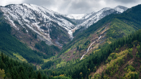 Explore a breathtaking mountain landscape featuring snow-capped peaks, lush forests, and a dramatic cloudy sky. Perfect for nature lovers and travel enthusiasts.の素材