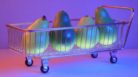 A striking image of fresh avocados in a metallic shopping cart, illuminated by colorful neon lights, showcasing a modern and vibrant still life that emphasizes healthy eating.の素材