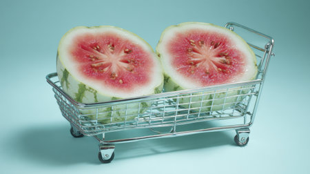 Two juicy watermelon halves sit inside a small shopping cart against a soft blue background, symbolizing freshness and summertime enjoyment in a whimsical and creative presentation.の素材