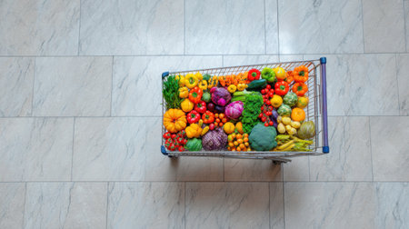 A vibrant shopping cart filled with an array of colorful fruits and vegetables sits on a bright tiled floor, symbolizing healthy eating and vibrant living.の素材