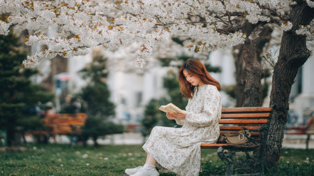 A serene scene featuring a woman immersed in a book, seated on a bench beneath a cherry blossom tree, evoking feelings of peace and enjoying the beauty of springtime outdoors.の素材