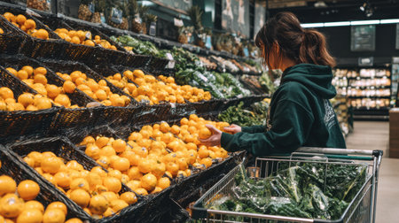 A young woman stands in a grocery store, selecting fresh oranges from a vibrant display, embodying a healthy shopping experience surrounded by fresh vegetables.の素材