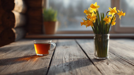 A tranquil morning scene featuring a steaming cup of tea and bright yellow daffodils in a clear vase, set on a rustic wooden table beside a sunlit window, evoking warmth and comfort.の素材