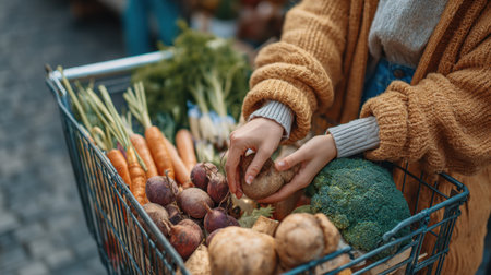 A person fills a shopping cart with fresh vegetables at a market, highlighting colorful produce and a cozy knit sweater, symbolizing healthy living and community support.の素材