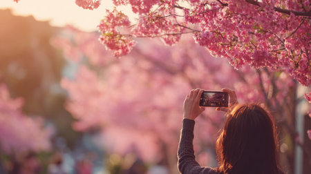 A woman enjoys the tranquility of spring by capturing the beauty of blooming cherry blossoms with her smartphone during a serene golden hour.の素材