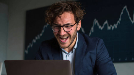 A joyful businessman celebrates a breakthrough moment while working on his laptop in a contemporary office environment, filled with financial graphs and data analysis.の素材