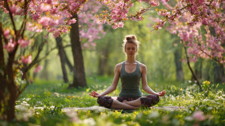 A serene woman meditates under a canopy of cherry blossoms, embodying tranquility and mindfulness amidst the vibrant colors of nature during a beautiful sunny day.の素材