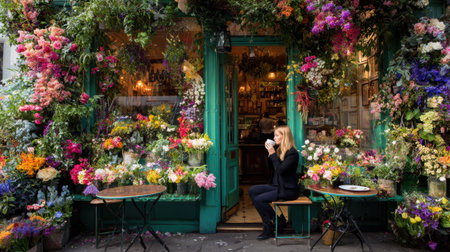 A charming flower shop adorned with colorful blooms, featuring a woman sipping coffee and enjoying the tranquil atmosphere of a vibrant urban setting.の素材