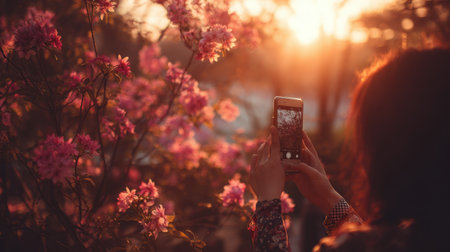 A person holds a smartphone to capture a stunning sunset while surrounded by beautiful pink flowers, conveying a sense of tranquility and appreciation for nature's beauty.の素材