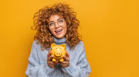A joyful young woman with curly hair smiles while holding a yellow piggy bank, representing savings and financial aspirations against a vibrant yellow backdrop.の素材