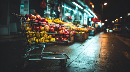 A captivating night market scene with a shopping cart filled with fresh apples, highlighted by colorful stalls and vibrant city lights, inviting exploration and enjoyment.の素材