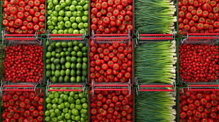 A stunning display of fresh produce in grocery carts showcases vibrant red tomatoes, green apples, and crisp green onions, emphasizing healthy eating and colorful nutrition.の素材