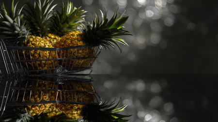 A stunning display of fresh pineapples in a black shopping cart, showcasing their vibrant colors against a reflective surface and a beautiful bokeh background, perfect for food photography.の素材