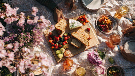 Enjoy a vibrant picnic scene featuring sandwiches, fresh fruits, and drinks, beautifully arranged on a cozy blanket surrounded by blooming flowers and greenery.の素材