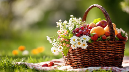 A charming wicker basket overflowing with fresh fruits and wildflowers, set on a picnic blanket amidst lush greenery, creating a perfect natural ambiance for outdoor enjoyment.の素材