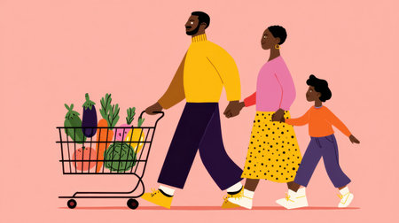A cheerful family enjoying a grocery shopping outing, highlighting the joy of healthy choices and togetherness in a stylish and colorful illustration.の素材