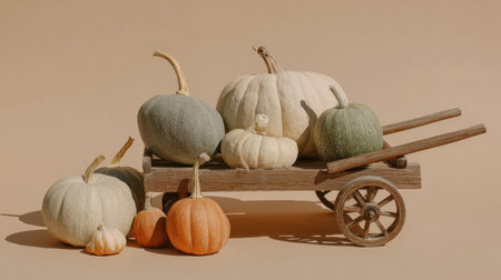 A charming collection of assorted pumpkins arranged on a rustic wooden cart against a soft beige backdrop, ideal for autumn-themed decorations and seasonal inspirations.の素材