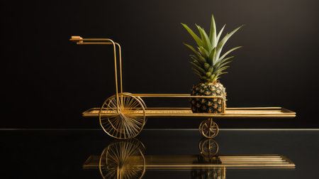 A gold fruit cart elegantly displays a fresh pineapple against a dark backdrop, creating a striking visual perfect for modern home decor or culinary photography.の素材