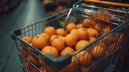 A vibrant scene featuring fresh oranges piled in a shopping cart within a grocery store aisle, showcasing natural lighting and a lively market atmosphere filled with fresh produce.の素材