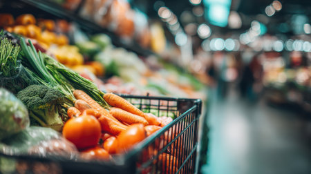 A vibrant grocery store scene showcasing a variety of fresh vegetables and fruits, perfect for illustrating themes of health, nutrition, and urban shopping experiences.の素材