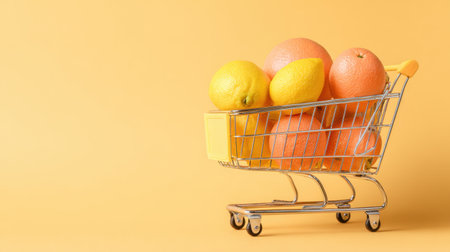 A vibrant arrangement of fresh fruits in a shopping cart against a cheerful yellow background highlights the importance of healthy eating and fresh produce.の素材