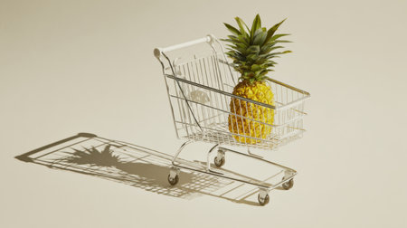 A vibrant pineapple rests inside a sleek shopping cart, symbolizing the joy of healthy eating and modern grocery shopping on a soft, neutral background.の素材
