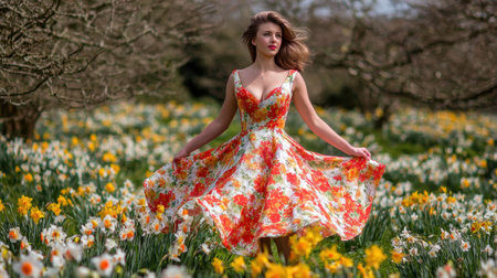 A young woman in a floral dress captivates with her twirling motion in a vibrant field of daffodils, embodying the joy and beauty of a warm spring day.の素材