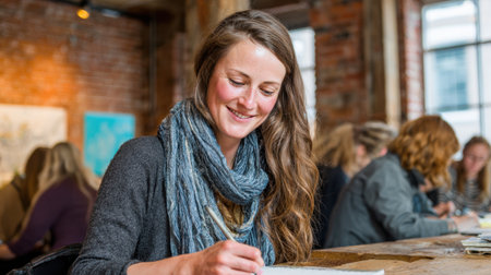 A joyful young woman focused on her art in a cozy cafe, capturing moments with a pencil sketch. The warm atmosphere fosters creativity and connection among art lovers.の素材