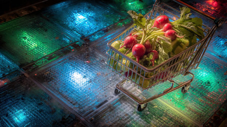 A shopping cart filled with fresh vegetables, including radishes and greens, set against a vibrant LED-lit background, perfect for promoting healthy eating and grocery shopping themes.の素材