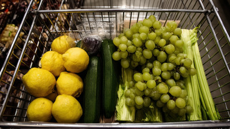 A visually appealing shopping basket showcases fresh lemons, cucumbers, green grapes, and celery, perfect for promoting a nutritious and balanced diet choice.の素材